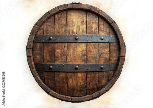 round rustic wooden barrel top with iron straps and rivets on white background, warm aged texture evoking sturdy nostalgic craftsmanship