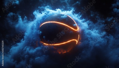 Glowing basketball orb with fiery seams floating in swirling blue clouds, dramatic mysterious energy