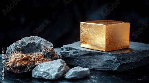 shiny gold metal cube resting on dark slate surrounded by rough gray and rust-streaked rocks, dramatic moody contrast evoking luxury and raw natural geology