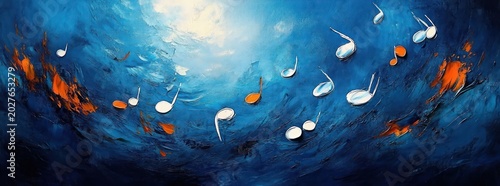 Floating musical notes across a textured deep blue canvas with bright orange splashes, evoking calm, joyful motion and a dreamlike melodic rhythm