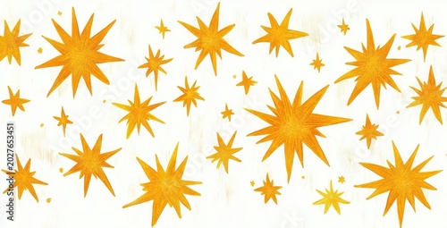 golden orange hand-drawn starbursts scattered across a white background conveying joyful festive sparkle