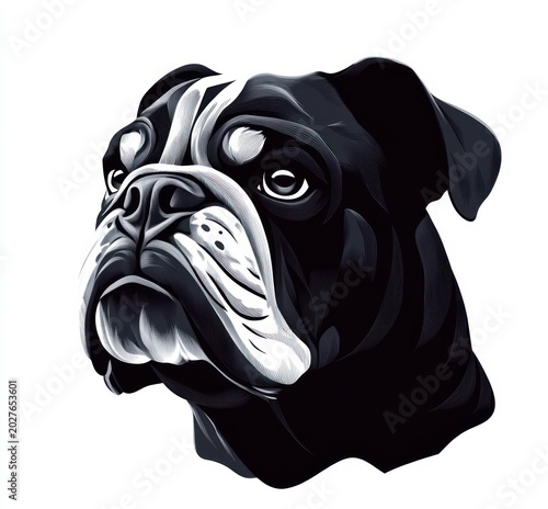 black and white bulldog head portrait with wrinkled face and soulful, wistful expression on white background