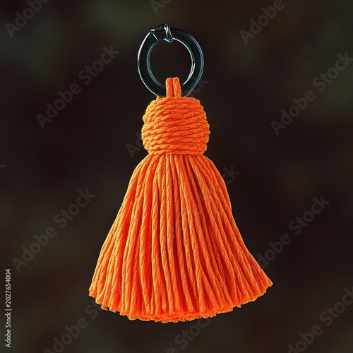 bright orange yarn tassel keychain with black metal ring hanging against dark blurred background, playful cheerful vibe