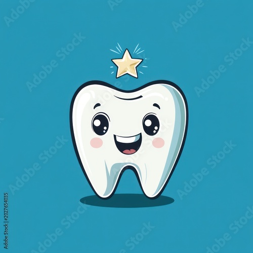 happy cartoon tooth with shining star above, blushing cheeks, big sparkly eyes and playful smile on teal background