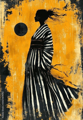 silhouette of a woman in a striped kimono with windblown hair, standing against a textured orange background with a black circular sun, solitary and contemplative