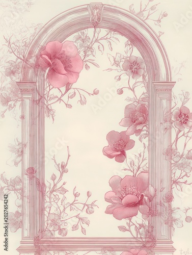 Classical arched column frame entwined with blooming pink roses and delicate vines, pastel botanical illustration evoking romantic nostalgic serenity