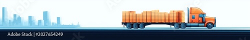 orange semi truck hauling stacked cardboard boxes on a long flatbed trailer along a highway with a distant blue city skyline and calm pale sky conveying motion and efficiency