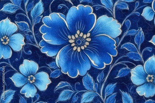 ornate blue floral pattern with a large central blossom, smaller flowers, curling leaves and textured background conveying calm elegance