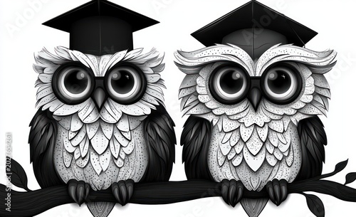 Two scholarly owls with large round eyes perched on a branch wearing graduation caps, detailed monochrome feathers, playful curious expression; one owl partially obscured