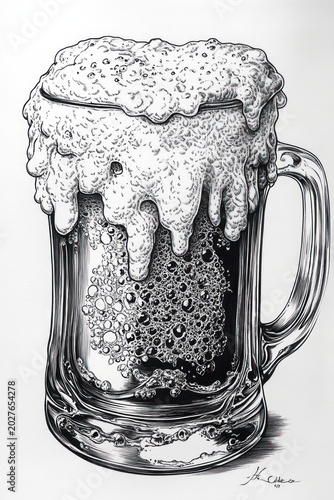 detailed pen-and-ink illustration of a glass beer mug with overflowing frothy foam and bubbling effervescence, inviting festive and refreshing mood