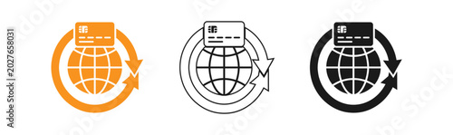Global payment solutions icon set credit card with rotating earth color line and solid versions