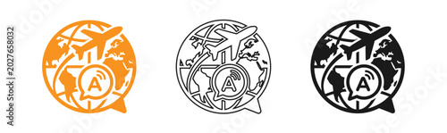 Travel agency logo set globe with airplane and communication symbol in three color variations