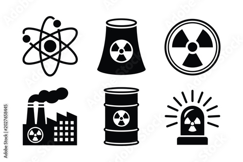 Black nuclear energy icons showing atom power plant radiation symbol toxic waste barrel reactor in simple silhouette style for science and industry concepts