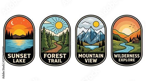 Cuadro en lienzo Four vintage style adventure patches featuring scenic natural landscapes includi