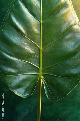 Close-up of a single glossy tropical green leaf with prominent veins, central midrib and slender petiole bathed in soft sunlit glow conveying calm and freshness