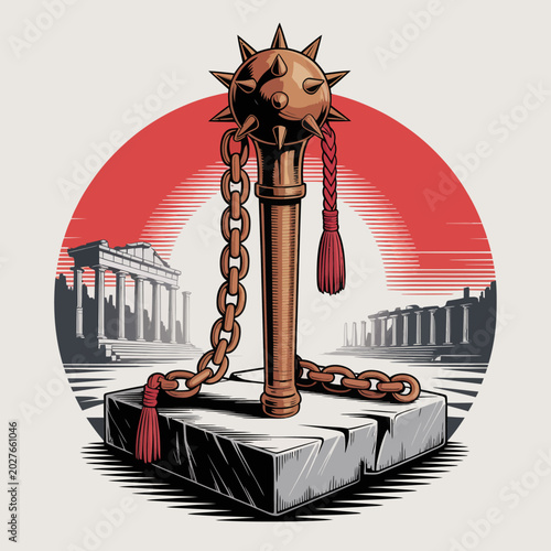 Quadro su tela Iron flail weapon on pedestal base.