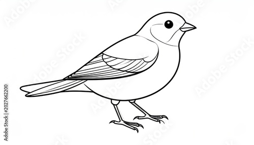 Simple Black Outline Songbird Standing on White Background