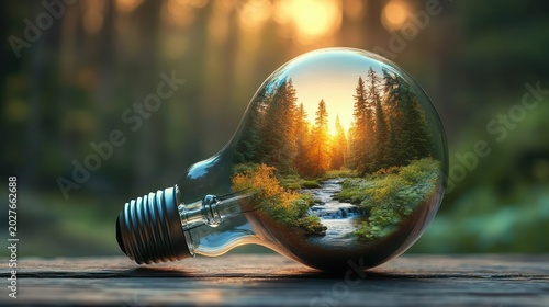 Serene sunrise forest and flowing stream enclosed inside a glass light bulb resting on a wooden surface, glowing with warm golden light and a sense of wonder and hope