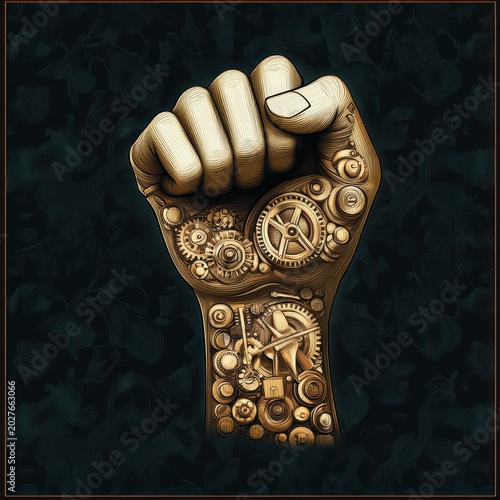 Golden mechanical clenched fist and forearm built from gears, cogs and clockwork on a dark textured background conveying strength, defiance and resilience
