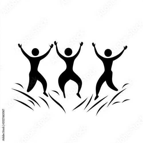 Three joyful black human silhouettes jumping with arms raised above grass strokes, celebrating together
