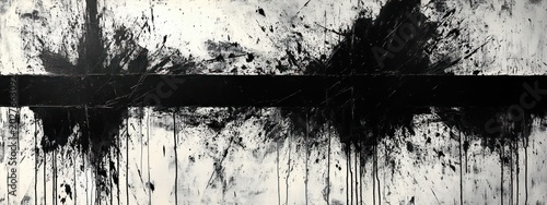 monochrome abstract canvas with bold horizontal black band, explosive splatters, vertical drips, scratches and raw texture conveying intense, chaotic energy