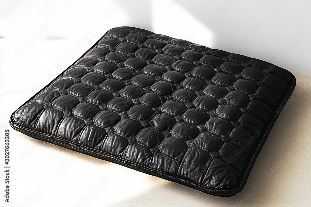 Fototapeta premium black quilted leather seat cushion with tufted rounded squares on bright surface, soft sunlight and inviting cozy feeling