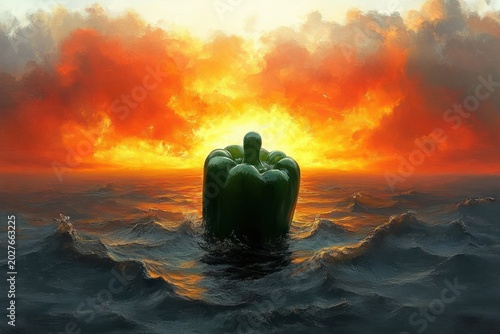 Solitary green bell pepper floating on choppy ocean waves beneath a fiery orange sunset, surreal and dramatic atmosphere of isolation and wonder