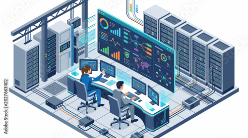 Foto Isometric Data Center Server Room and Cybersecurity Operations Center Illustrati