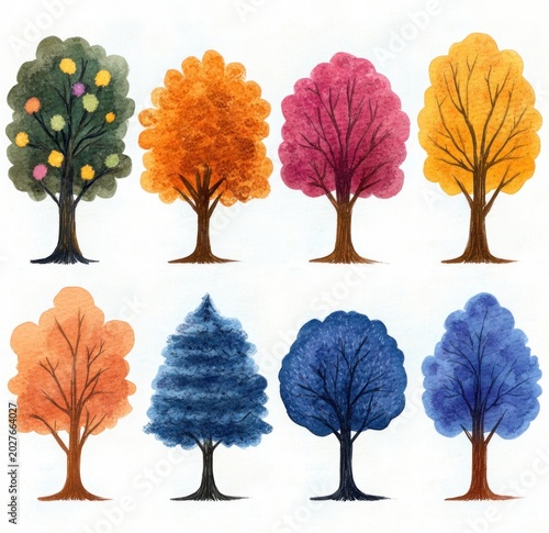 eight colorful watercolor trees in two rows with varied seasonal foliage and a whimsical cheerful mood