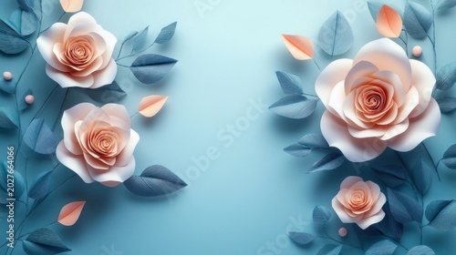 delicate peach and cream paper-like roses with teal leaves and small buds on a soft blue background conveying calm elegance