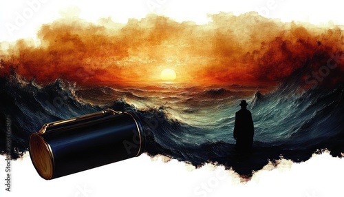 Solitary silhouette in a coat and hat standing in turbulent sea at a fiery sunset beside a large metal canister, evoking loneliness and mystery