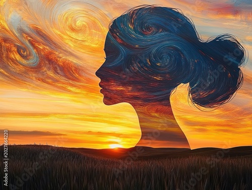 Silhouette of a woman's profile with swirling painted sky hair over a golden sunset and grassy field, evoking peaceful contemplation