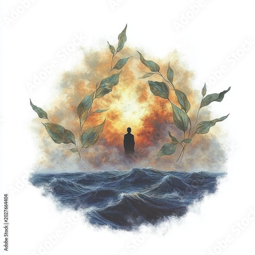 solitary silhouette standing between turbulent ocean waves and a fiery glowing sky framed by oversized leaves, evoking contemplation and quiet awe