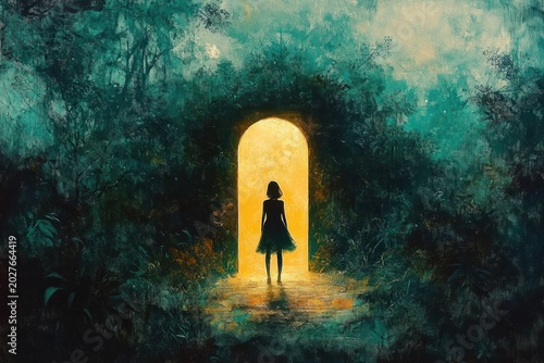 silhouette of a girl in a dress standing at a glowing arched doorway in a dark teal forest, evoking mystery and hopeful wonder
