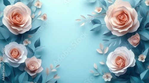 delicate pastel paper roses and small blossoms with blue-green leaves on a soft aqua background conveying serene romantic elegance