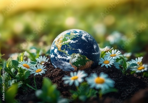 small earth globe resting in rich soil among white daisies and green leaves bathed in warm golden sunlight, evoking hope and nurturing care
