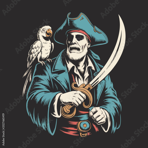 Tableau sur toile Pirate with parrot and sword standing.