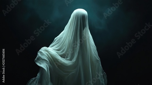 Shrouded figure draped in flowing translucent white fabric, emerging from teal fog with a haunting, eerie and solitary atmosphere