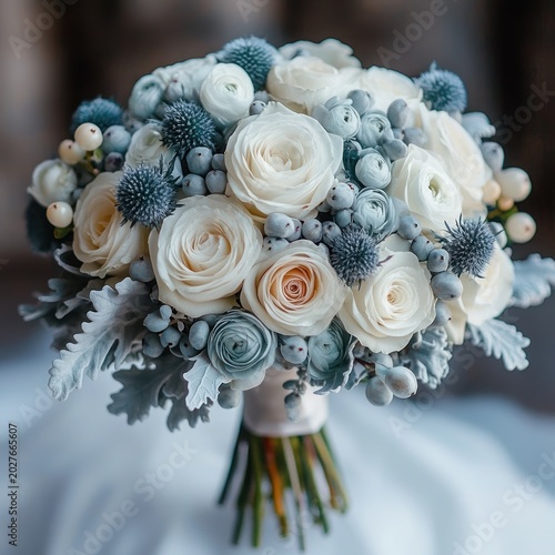 Soft winter bridal bouquet of creamy white roses, pale blue ranunculus, silvery thistles, gray berries and dusty miller foliage, elegant romantic and serene