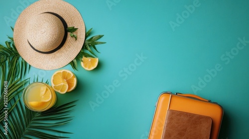 straw sun hat with palm leaves, lemon slices and glass of lemonade beside an orange suitcase and brown notebook on turquoise background, relaxed summer vacation mood