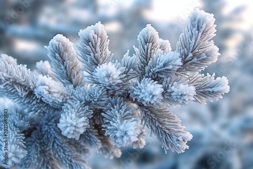 frost-covered evergreen branch with delicate crystalline hoarfrost, tranquil cold winter close-up