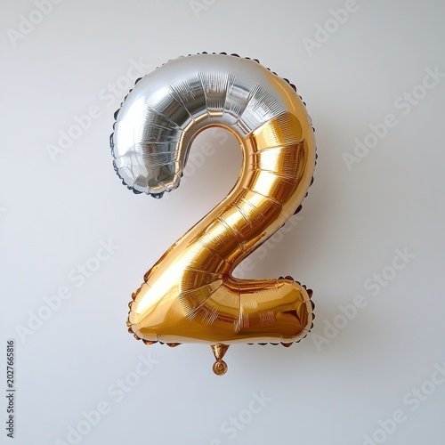 shiny gold and silver foil balloon shaped like the number two against a plain white background, playful and celebratory
