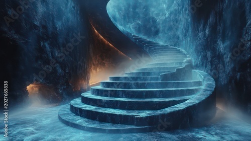 curving spiral stone staircase rising through an icy blue cavern with glowing orange light and mist, evoking mystery and awe