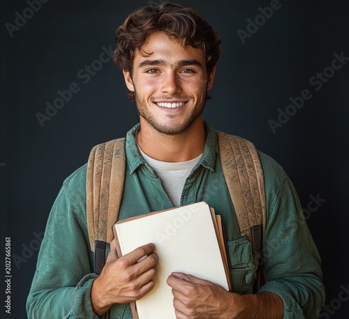 young student with backpack and green shirt holding a blank notebook against a dark background, thoughtful and studious mood