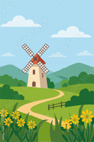 Scenic countryside landscape illustration featuring a traditional windmill on a rolling green hill