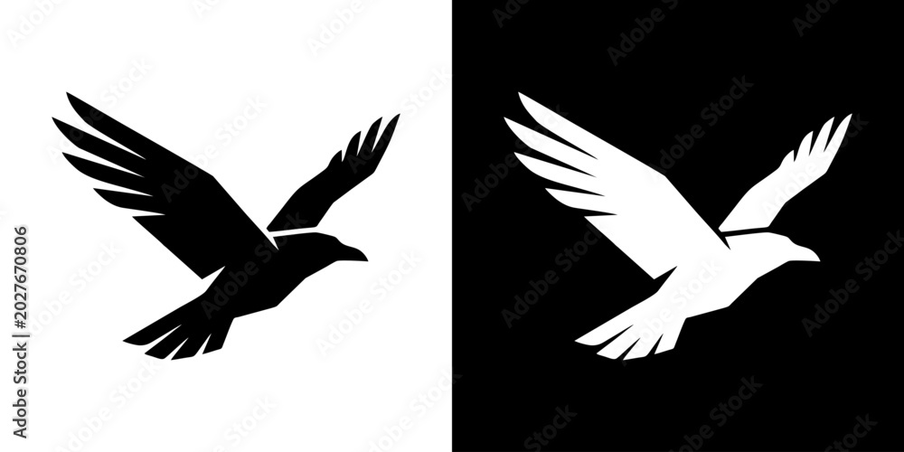 Fototapeta premium Birds depicted in contrasting black and white silhouettes fly side by side.