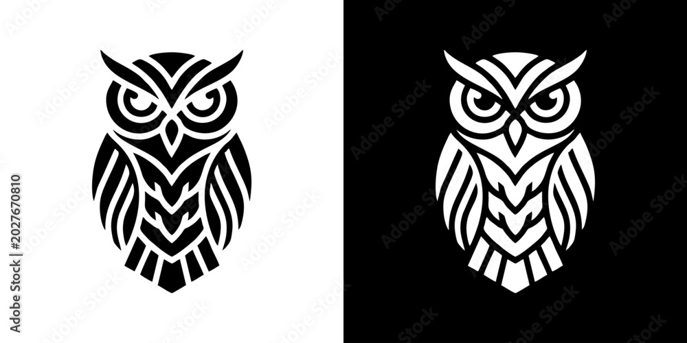 Fototapeta premium Owl illustrations presented in contrasting white and black backgrounds.