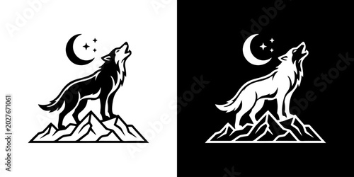 Tableau sur toile Majestic wolf howling at the crescent moon from a rugged mountain peak, embodyin