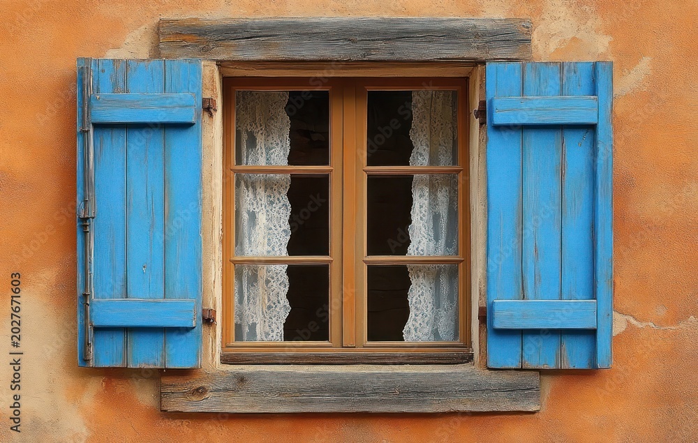 Obraz premium Rustic wooden window with blue shutters and lace curtains on warm orange stucco wall, cozy and charming