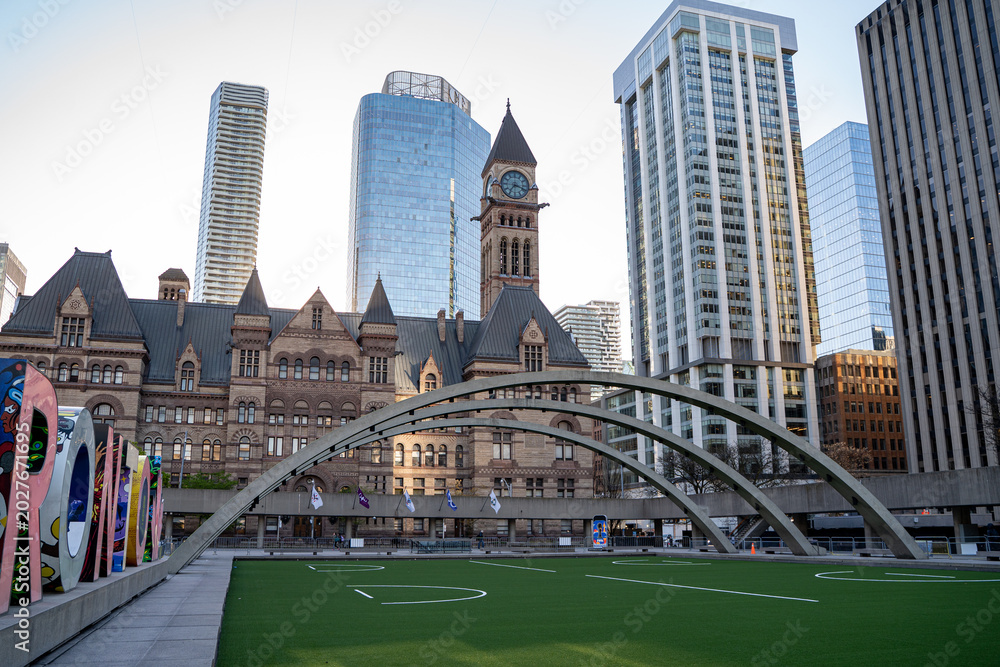 Naklejka premium View of Nathan Phillips Square decorated for FIFA World Cup 2026. Toronto, Canada - May 12, 2026.